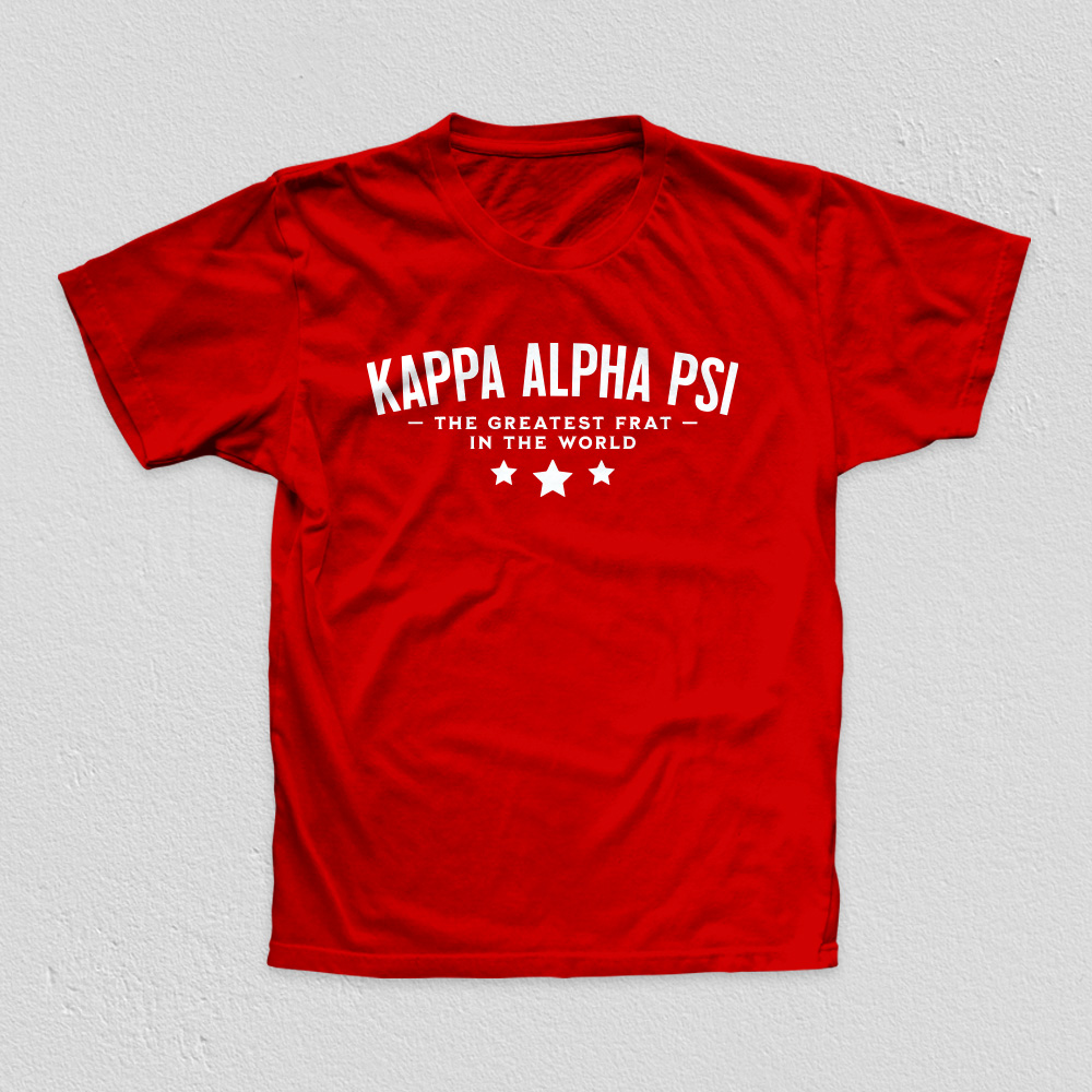 Kappa Alpha Psi, the Greatest Frat In the World design on a red tee.