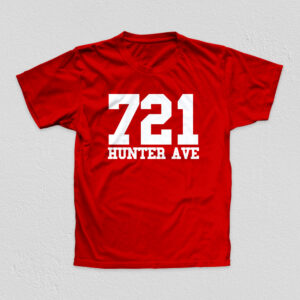 721 Hunter Ave design on a high quality red tee.