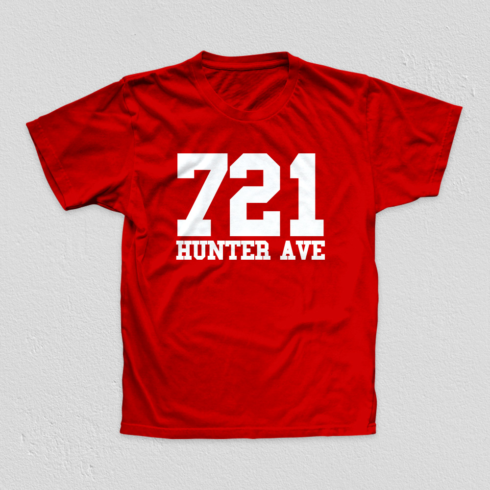 721 Hunter Ave design on a high quality red tee.
