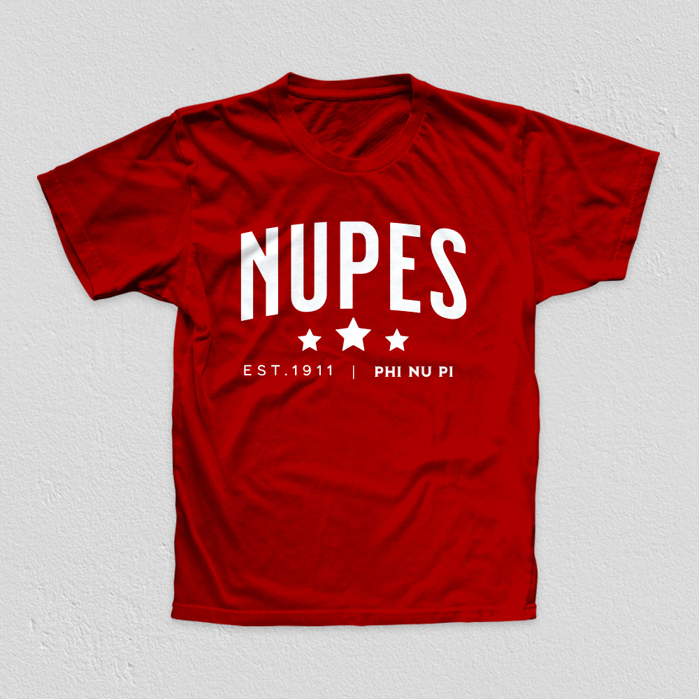 Nupes established 1911 on red tee.