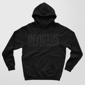 Invictus design in black ink on a high quality black hoodie.