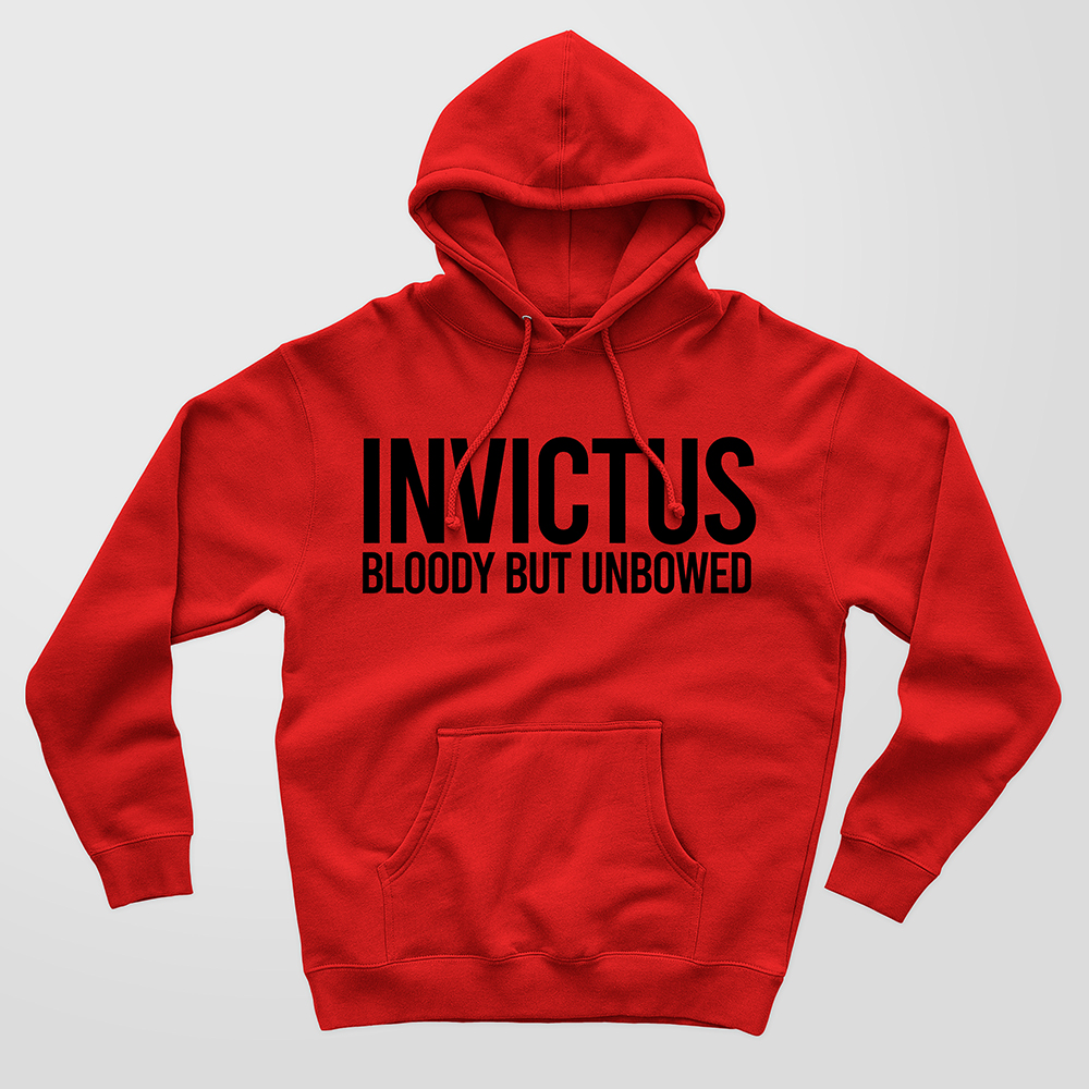 Invictus design in black ink on a high quality red hoodie.