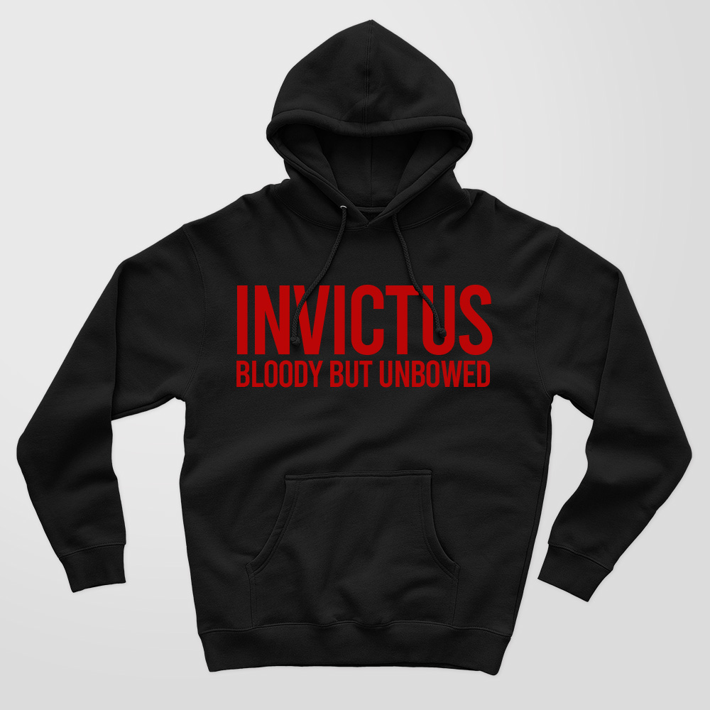 Invictus design in red ink on a high quality black hoodie.