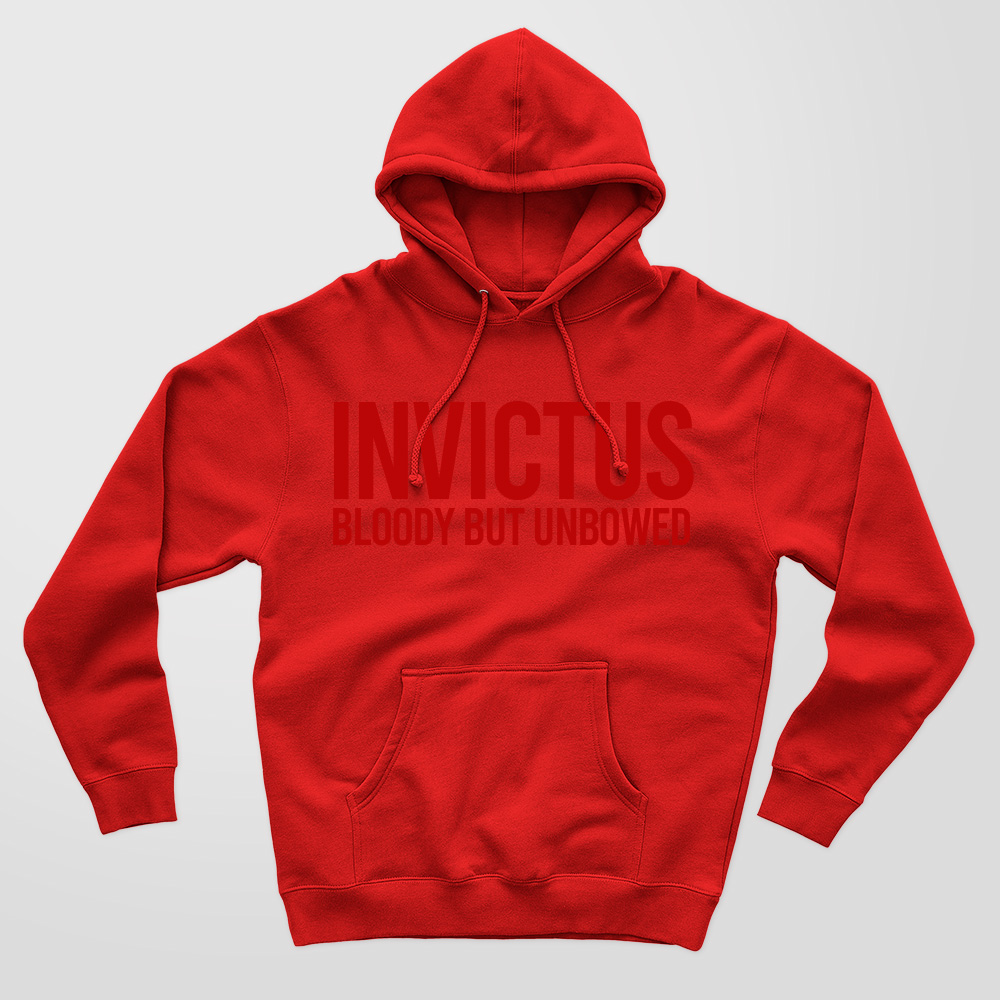 Invictus design in red ink on a high quality red hoodie.