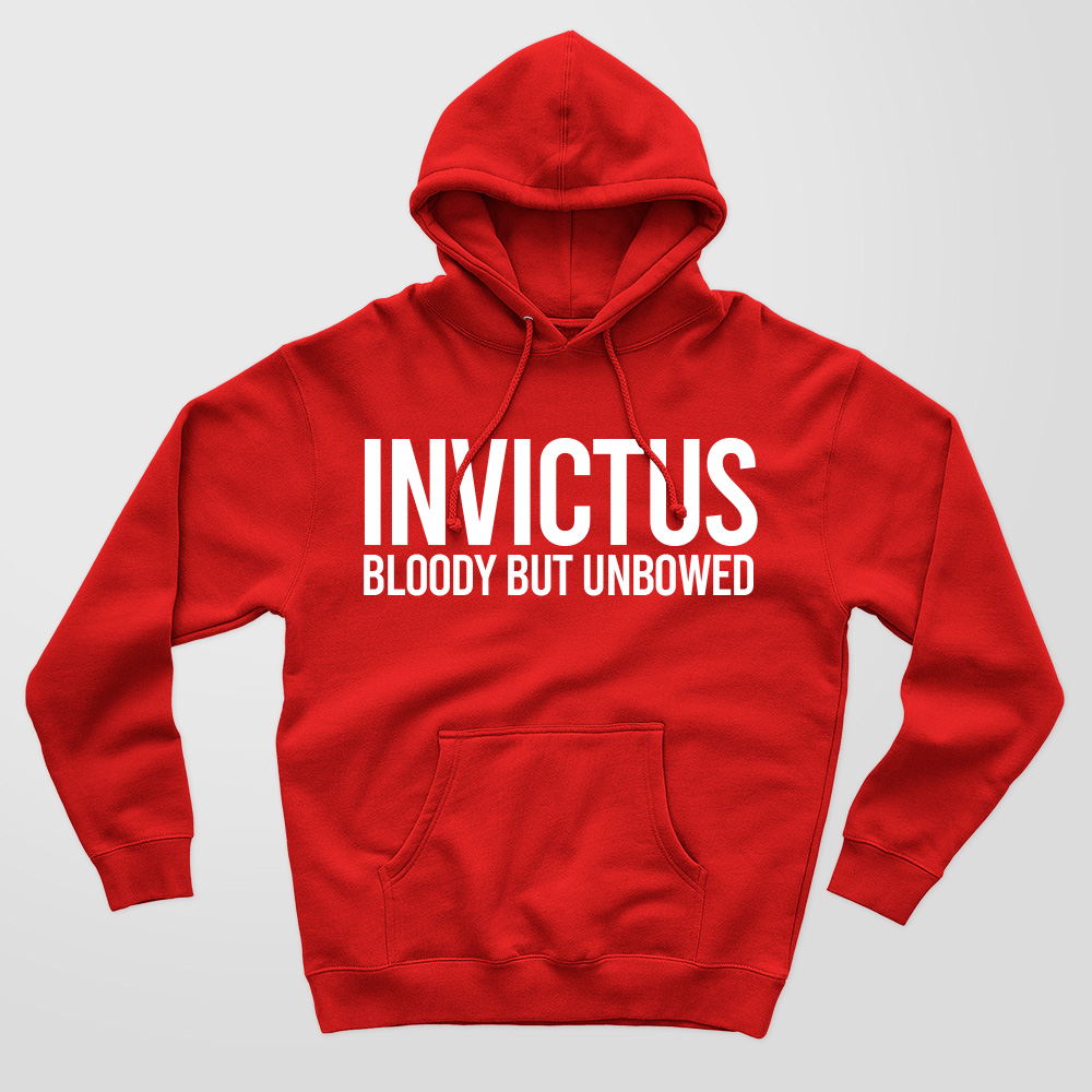 Invictus design in white ink on a high quality red hoodie.