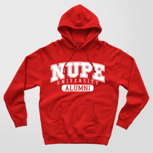 Nupe University design on a high quality red hoodie.