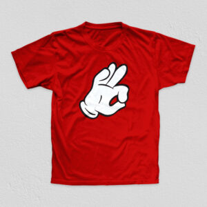 Cartoon Yo on red tee.