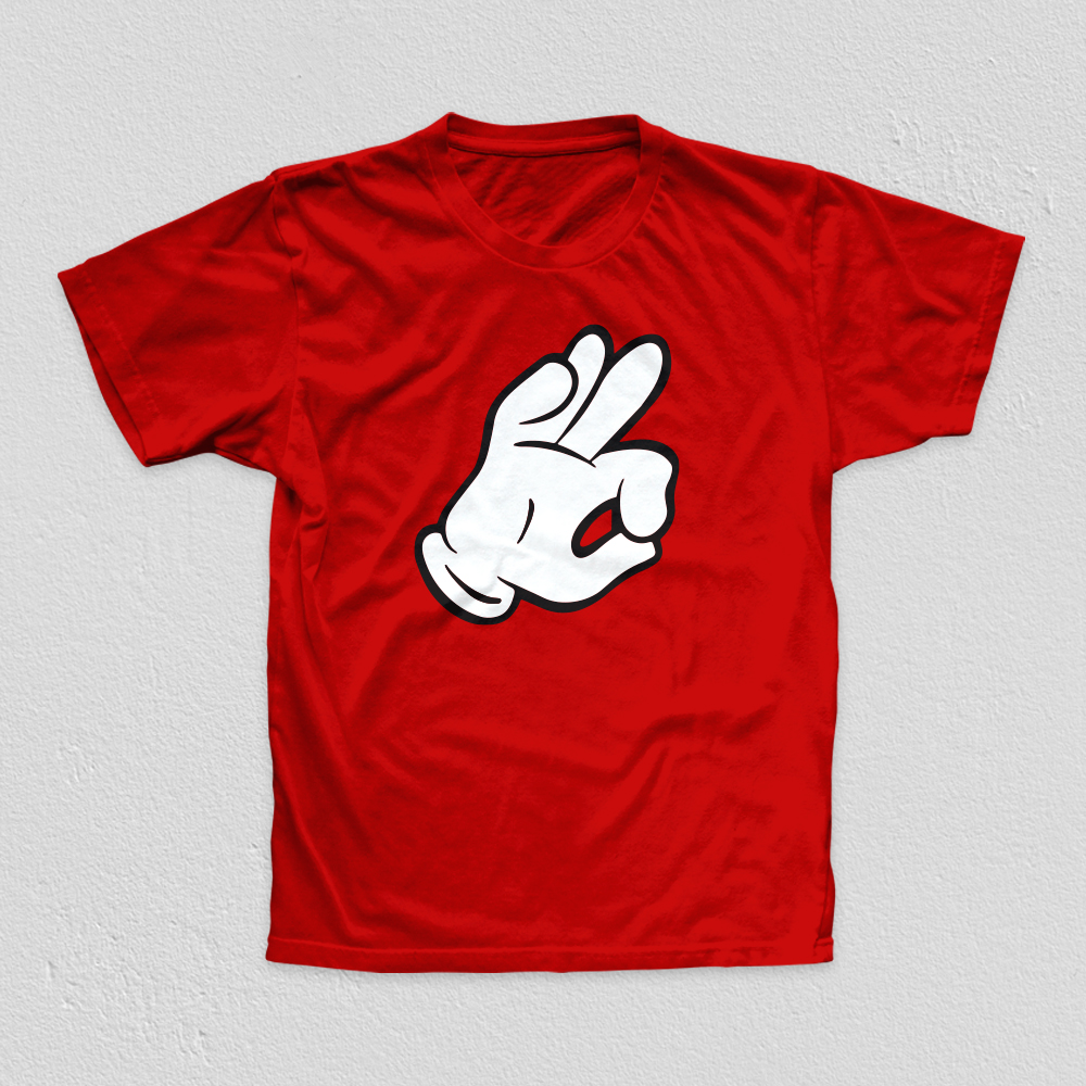 Cartoon Yo on red tee.