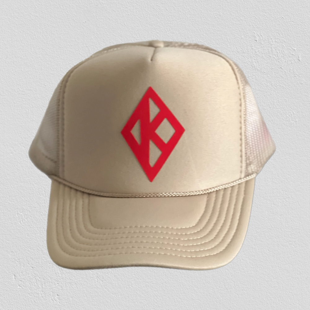 Diamond K on trucker hat.
