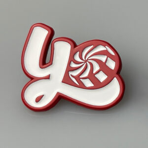 The front side of the Yo Peppermint lapel pin.