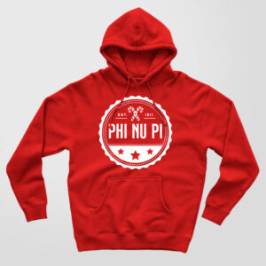Phi Nu Pi Seal design on a high quality red hoodie.